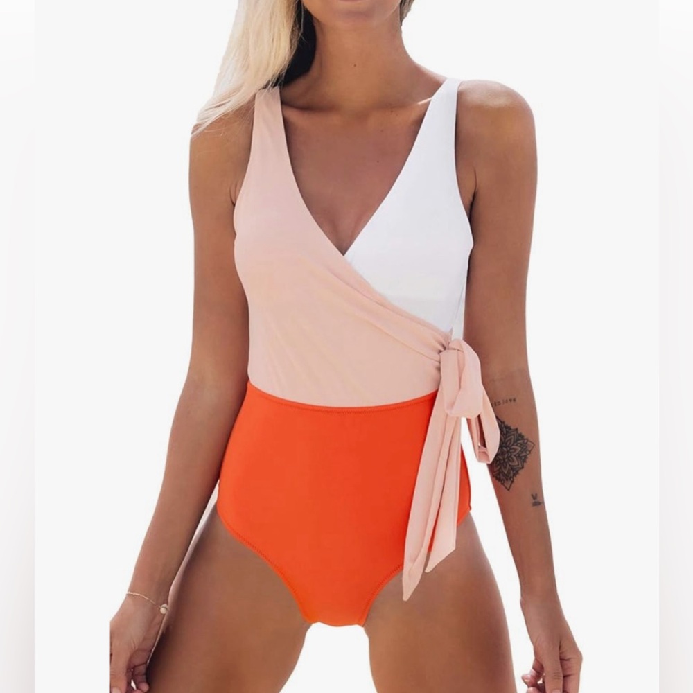 NWT Colorblock One Piece Swimsuit Wrap Color Block Tie Side Bathing Suit